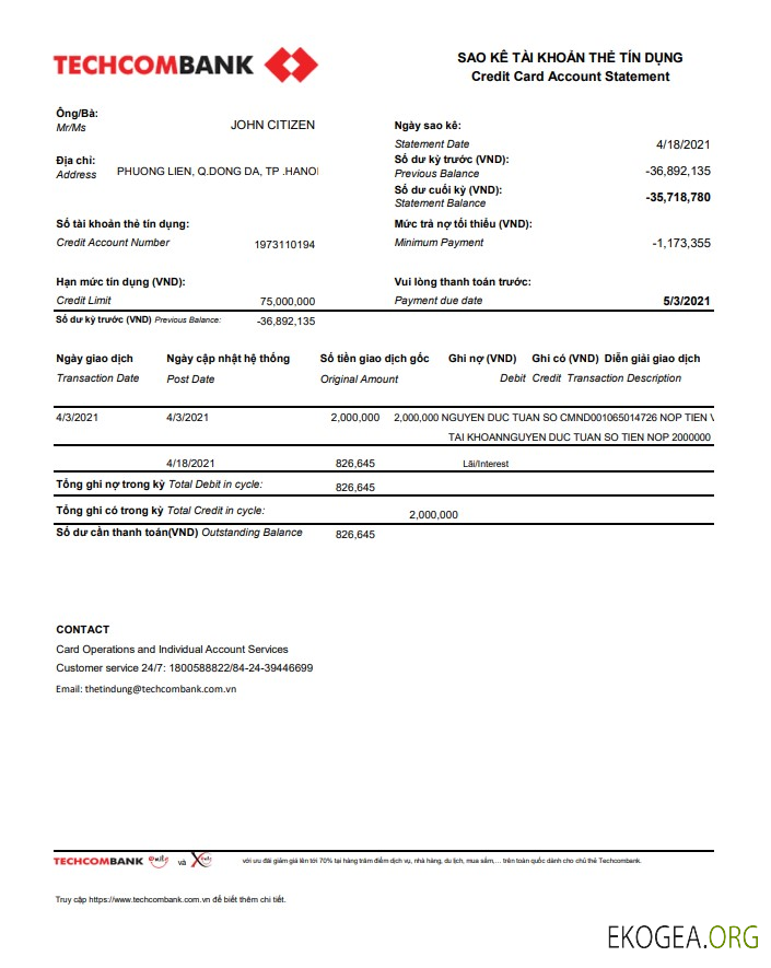 Vietnam Techcombank excel pdf